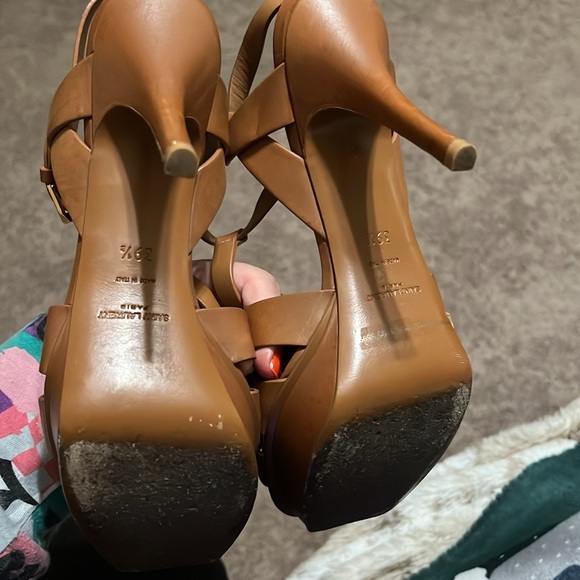 YVES SAINT LAURENT TRIBUTE WOOD-EFFECT PLATFORM SANDALS BROWN LEATHER SIZE 9.5 - Picture 4 of 5